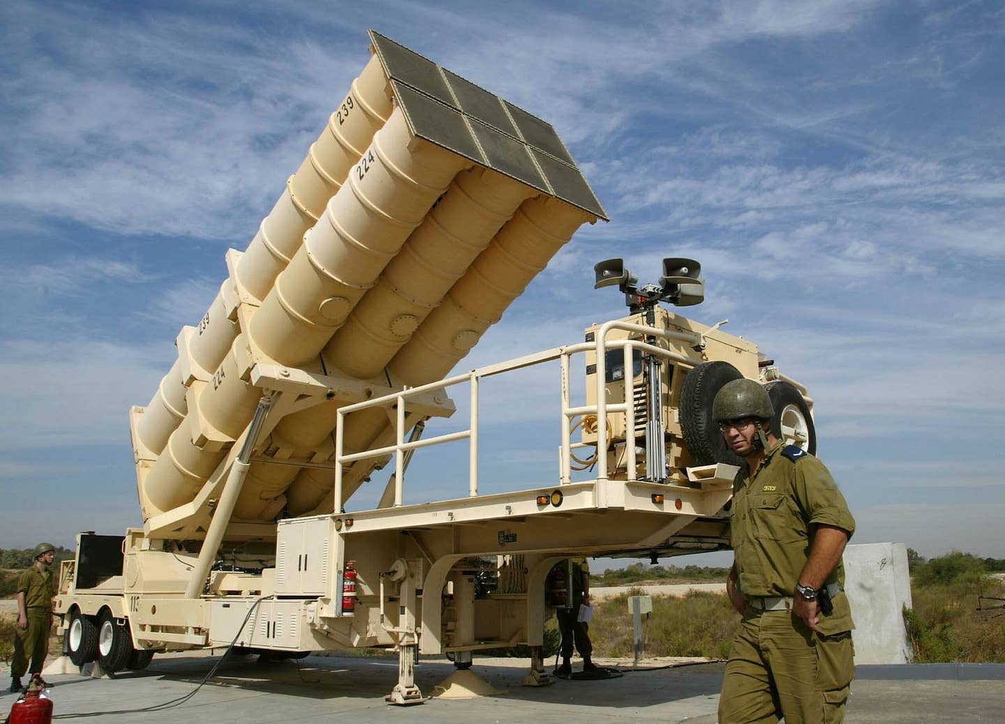 A launcher for six Arrow 2 missiles is raised into launch position at the Israeli Air Force base at Palmahim, on November 7, 2002. <em>Photo by Getty Images</em>