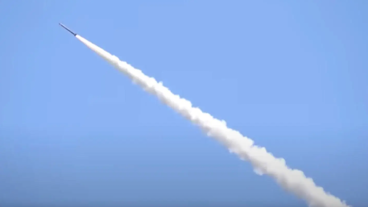 A Vilkha-M long-range artillery rocket is fired during the testing phase. <em>YouTube screencap</em>