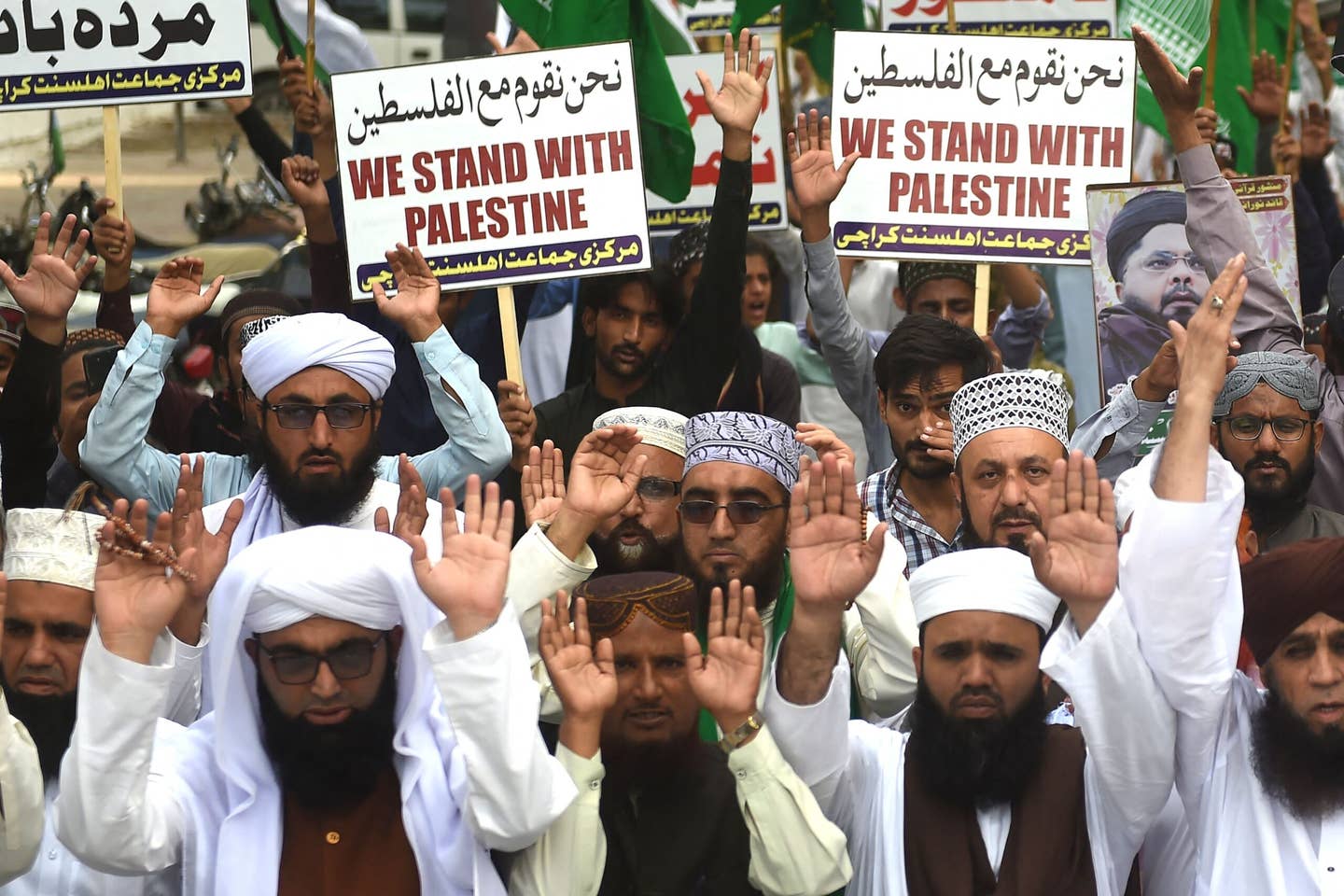 Demonstrators take part in a rally to show solidarity with the Palestinians in Karachi on October 18, 2023, in the wake of the Gaza hospital explosion. (Photo by Rizwan TABASSUM / AFP) (Photo by RIZWAN TABASSUM/AFP via Getty Images)