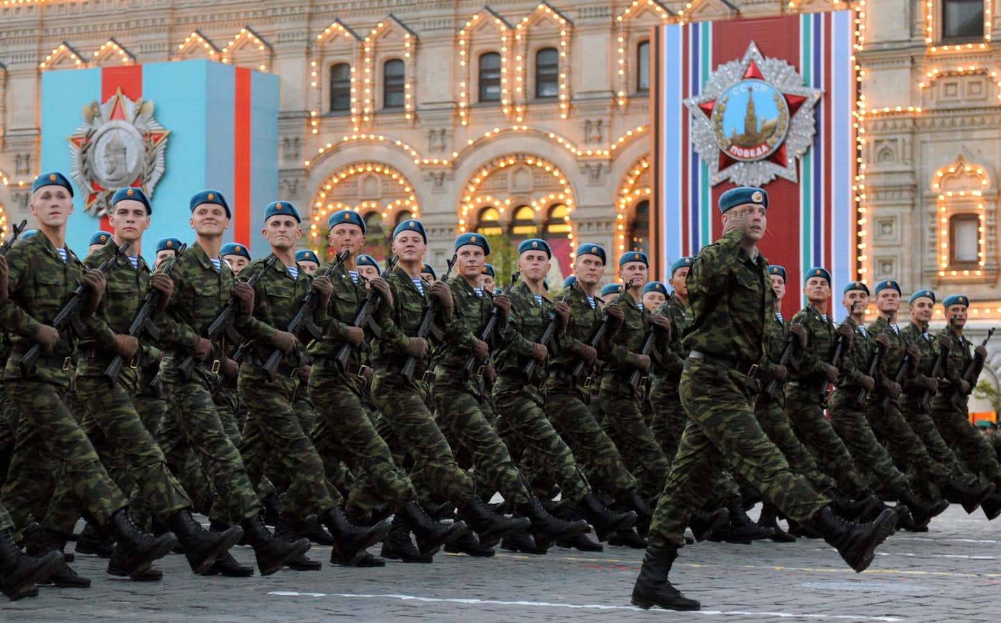 Russian airborne troops march during a military rehearsal on the Red Square in Moscow. <em>ALEXANDER NEMENOV/AFP via Getty Images</em>