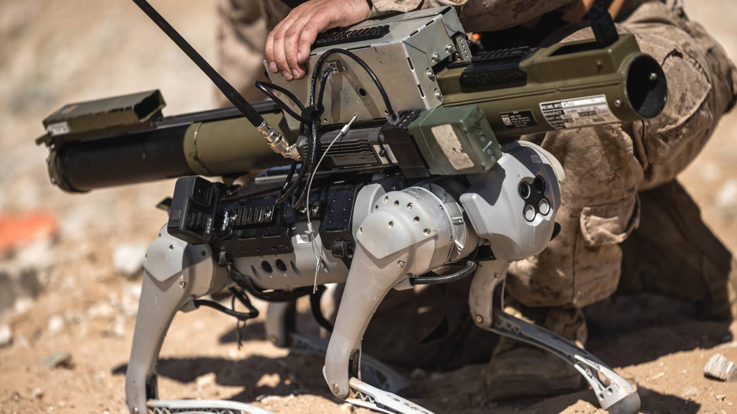The U.S. Marine Corps has tested a four-legged "robotic goat" armed with a training version of the M72 anti-armor rocket launcher. (USMC photo)