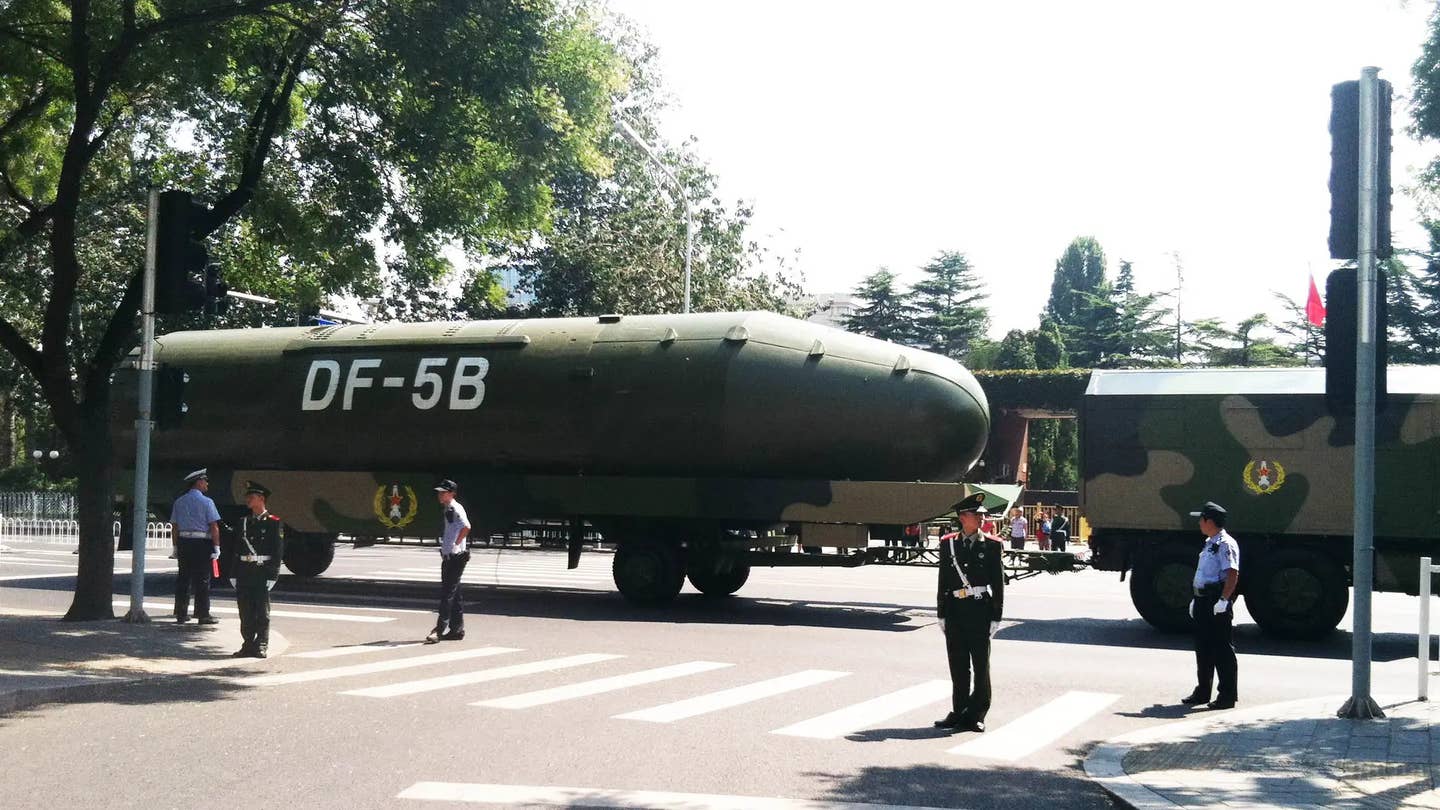 Part of a DF-5B, one of China's existing nuclear-armed ICBMs, on parade. <em>IceUnshattered/Wikimedia Commons</em>