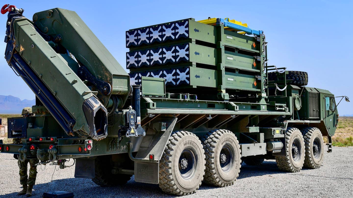 One of the US Army's palletized Iron Dome launchers loaded onto a truck. <em>U.S. Army</em>