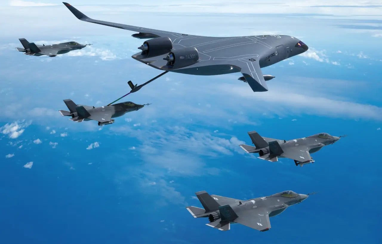 A rendering of JetZero's BWB concept configured as a tanker, with F-35A Joint Strike Fighters flying in formation and receiving fuel. JetZero