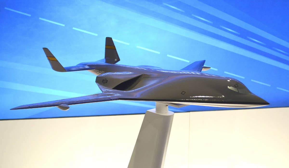 A model of an advanced Lockheed Martin tanker aircraft concept, a blended wing body design the company has been showing for some years now. <em>Joseph Trevithick</em>