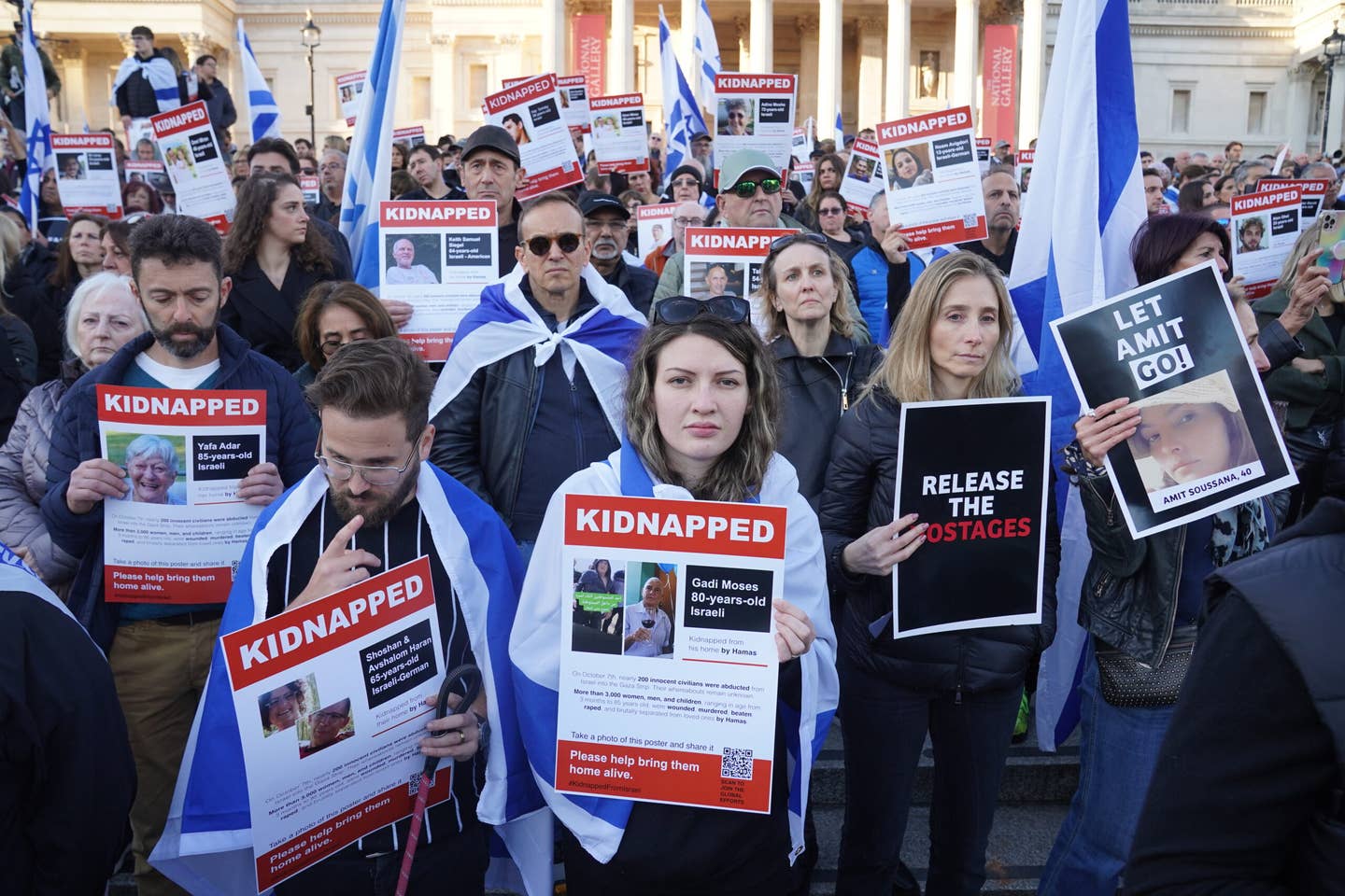 Members of the Jewish community attend a Solidarity Rally in Trafalgar Square, central London, calling for the safe return of hostages and to highlight the effect of the Hamas attacks on Israel. (Photo by Lucy North/PA Images via Getty Images)