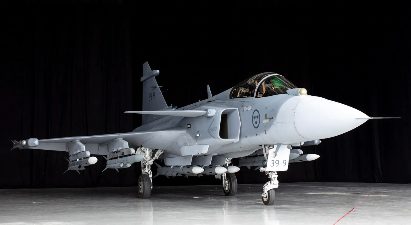 A Gripen E loaded with seven MBDA Meteor and two IRIS-T air-to-air missiles.&nbsp;<em>Saab</em>