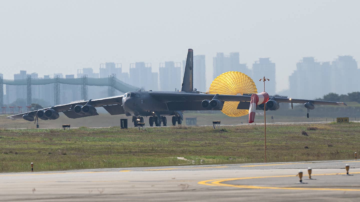 B-52H serial number 60-0021 lands at Cheongju International Airport on October 17. Its white-colored wing tips are just barely visible in this picture. <em>USAF</em>