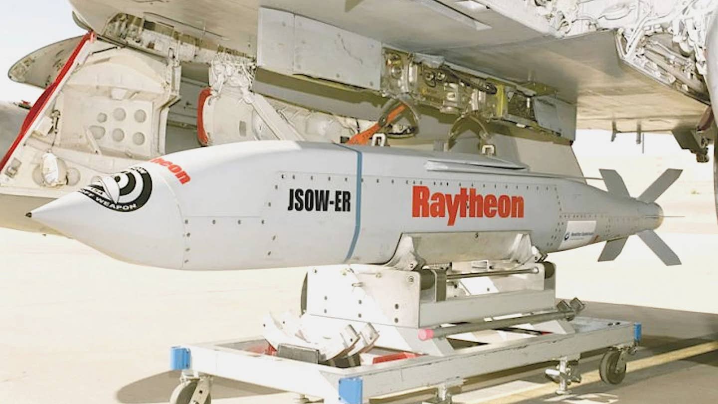 A prototype of the turbojet-powered AGM-154E JSOW-Extended Range (JSOW-ER). <em>Raytheon</em>
