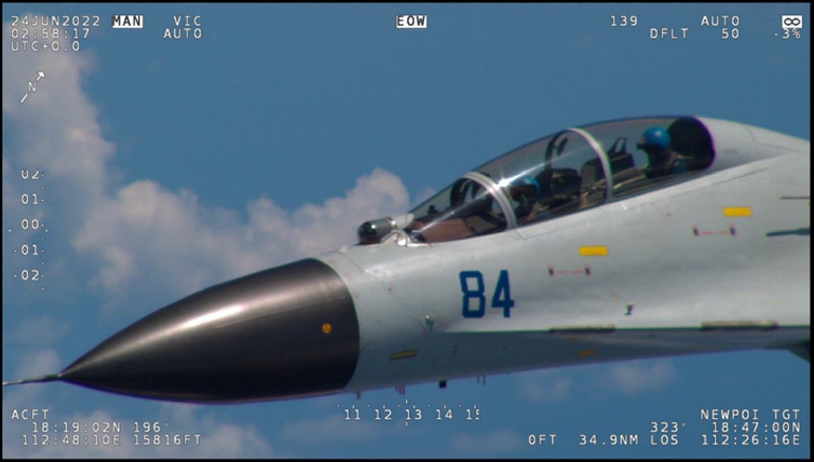 Images and video newly released by the Department capture a PLA fighter jet in the course of conducting a coercive and risky intercept against a lawfully operating U.S. asset in the South China Sea, including by approaching a distance of just 40 feet before repeatedly flying above and below the U.S. aircraft and flashing its weapons.  After the U.S. operator radioed the PLA fighter jet, the PLA pilot responded using explicit language, including an expletive.