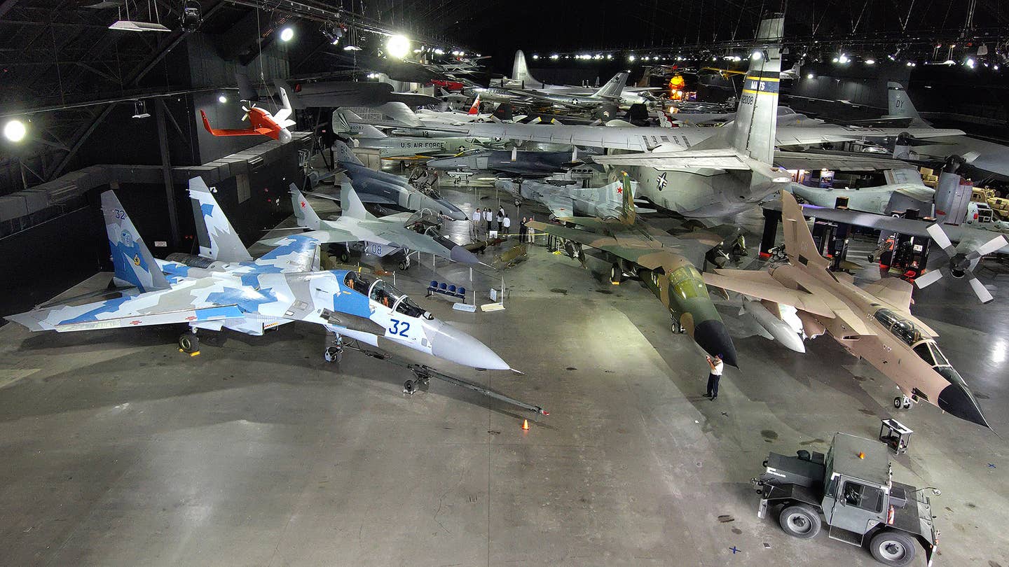 An Su-27UB Flanker-C sits in the hangar of the Cold War Gallery, National Museum of the U.S. Air Force