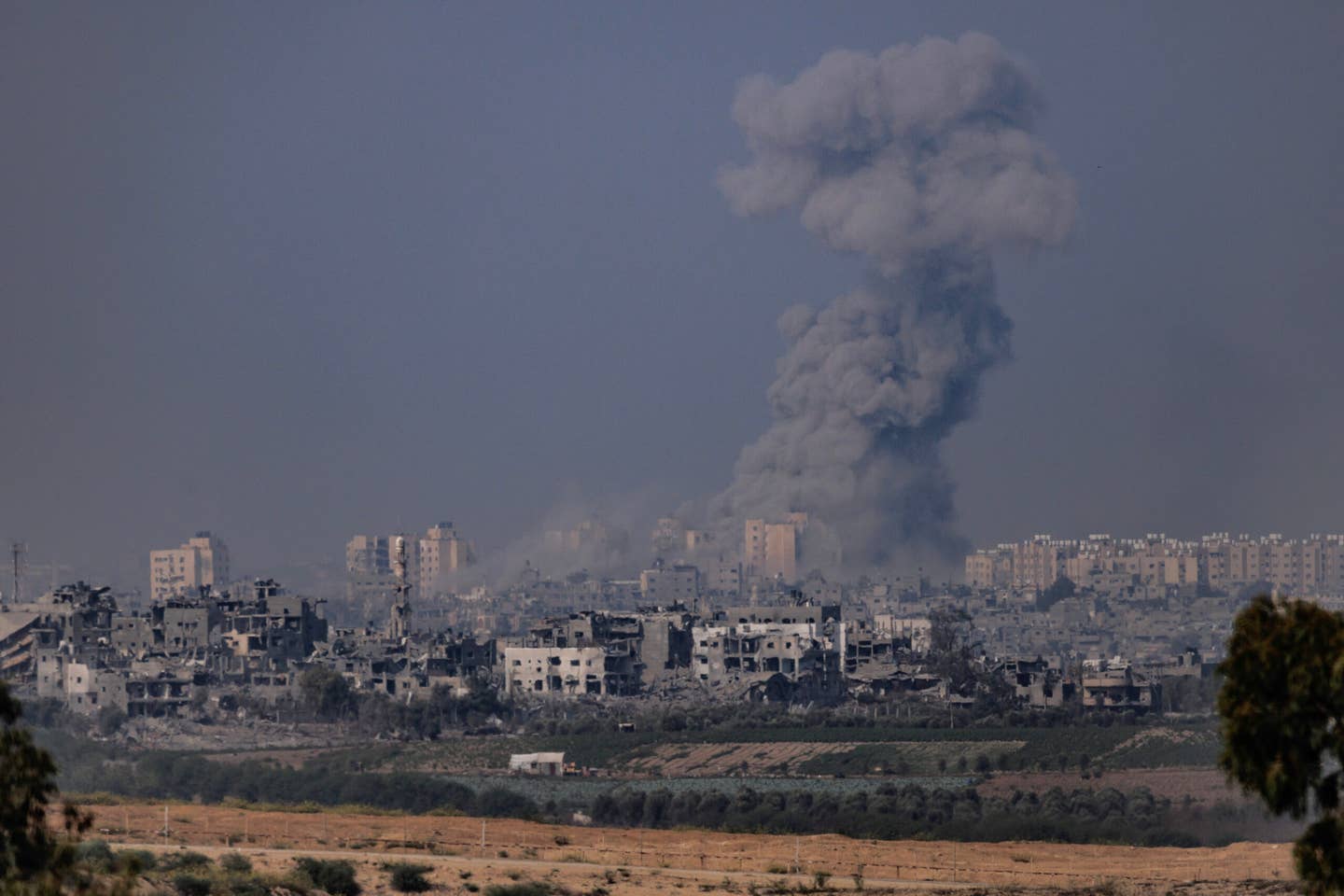 Smoke rises from an explosion in Gaza on October 28, 2023. <em>Photo by Dan Kitwood/Getty Images</em>