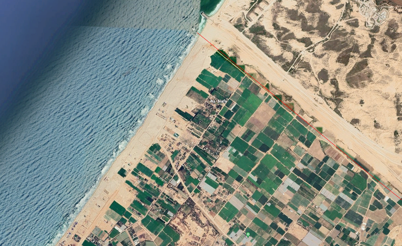 A satellite image showing the northwestern corner of the Gaza Strip, including beach areas on its Mediterranean coastline. (Google Earth)