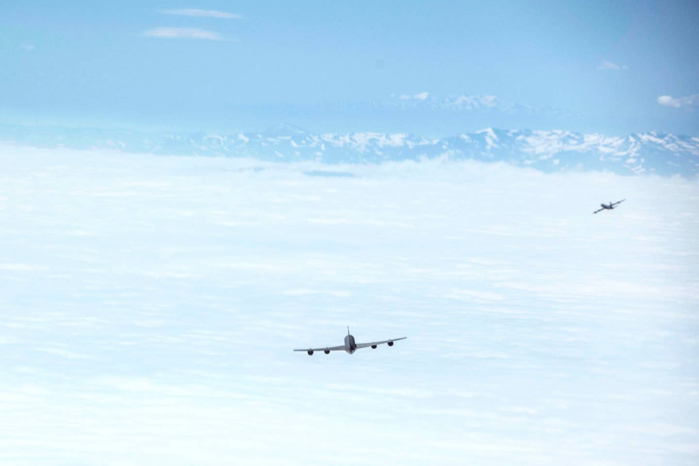 U.S. Air Force KC-135 Stratotankers fly in formation with Turkish Air Force KC-135 Stratotankers assigned to the 10th Tanker Base, Incirlik Air Base, over Turkey during a previous Bomber Task Force mission on May 29, 2020. <em>U.S. Air Force photo by Staff Sgt. Joshua Magbanua</em>