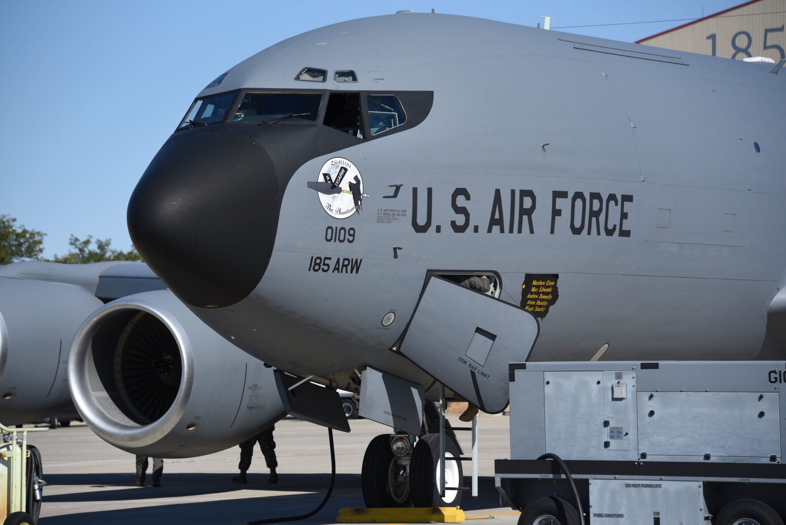 A U.S. Air Force KC-135 tail number 58-0109 with the nickname “Phantom 109” assigned to the Iowa Air National Guard is in front of the main hangar in Sioux City, Iowa on October 16, 2021. Crew Chiefs recently added nose art to the aircraft depicting a phantom riding along on the aircraft boom.

U.S. Air National Guard photo Senior Master Sgt. Vincent De Groot