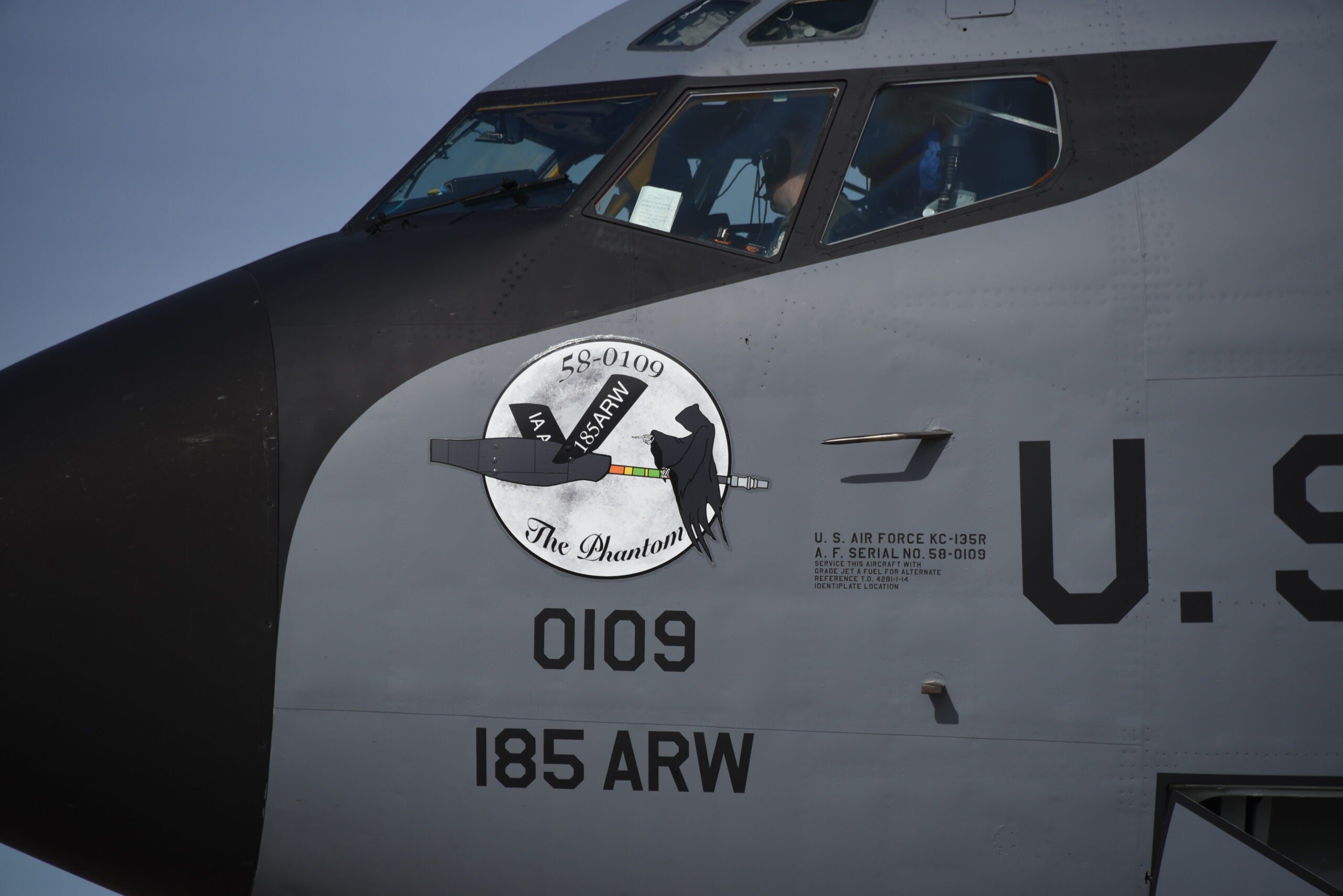 A U.S. Air Force KC-135 tail number 58-0109 with the nickname “Phantom 109” assigned to the Iowa Air National Guard is on the ramp in Sioux City, Iowa on October 28, 2021. 185th Crew Chiefs recently added new nose art to the aircraft depicting a phantom riding along on a KC-135 boom.

U.S. Air National Guard photo Senior Master Sgt. Vincent De Groot