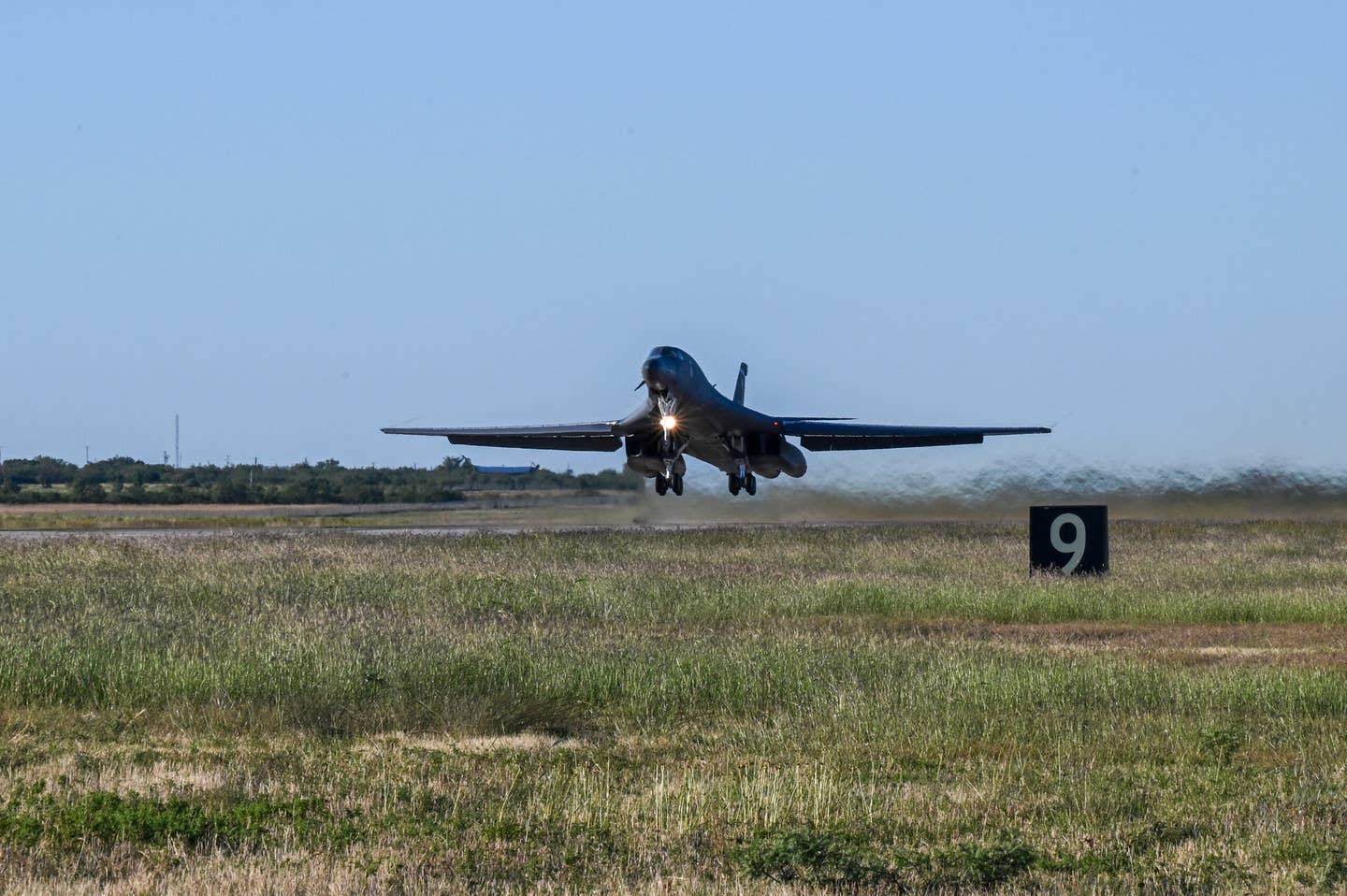 A B-1B Lancer takes off from Dyess Air Force Base, Texas, October 11, 2023, to kick off a U.S. European Command Bomber Task Force deployment. <em>U.S. Air Force photo by Senior Airman Sophia Robello</em>