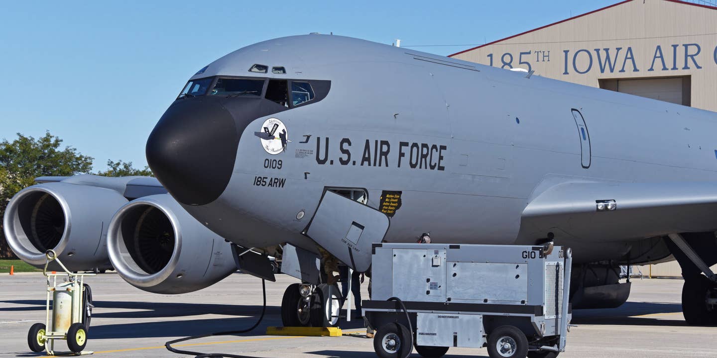 A U.S. Air Force KC-135 tail number 58-0109 with the nickname “Phantom 109” assigned to the Iowa Air National Guard is in front of the main hangar in Sioux City, Iowa on October 16, 2021. Crew Chiefs recently added nose art to the aircraft depicting a phantom riding along on the aircraft boom.