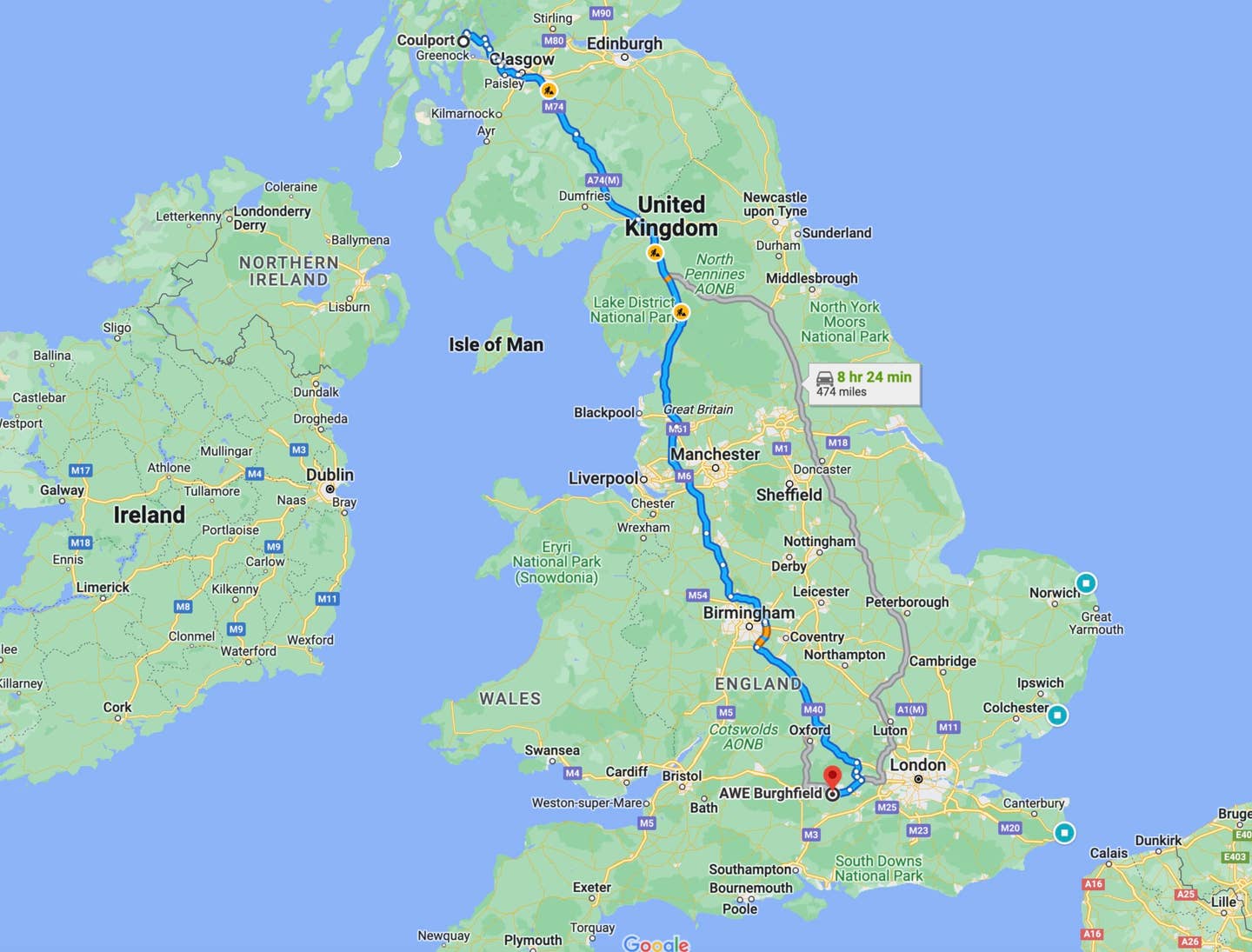 Typical route from AWE Burghfield in England to RNAD Coulport in Scotland. <em>Google Maps</em>
