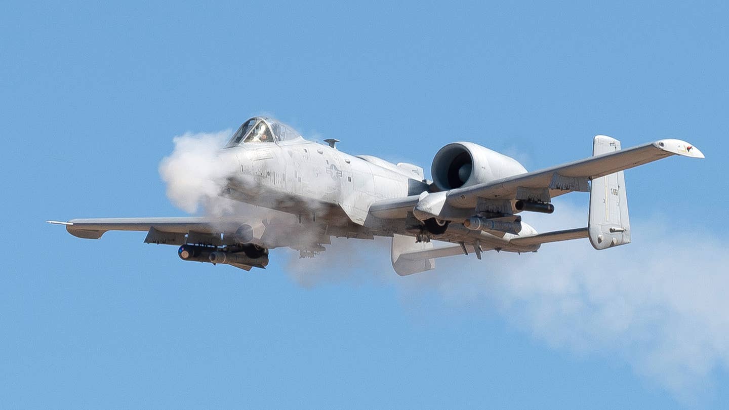 An A-10 fires its famous 30mm GAU-8/A Avenger cannon during training. <em>USAF</em>