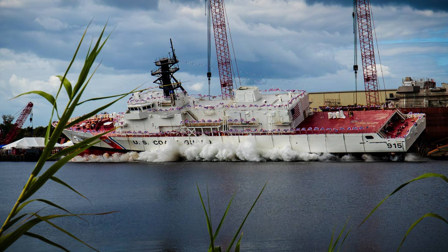 USCGC <em>Argus</em> launches at the Eastern Shipbuilding Group shipyard in Panama City, Florida, October 27. Space for the rear helicopter deck and be seen to the right. <em>Eastern Shipbuilding Group, Inc.</em>