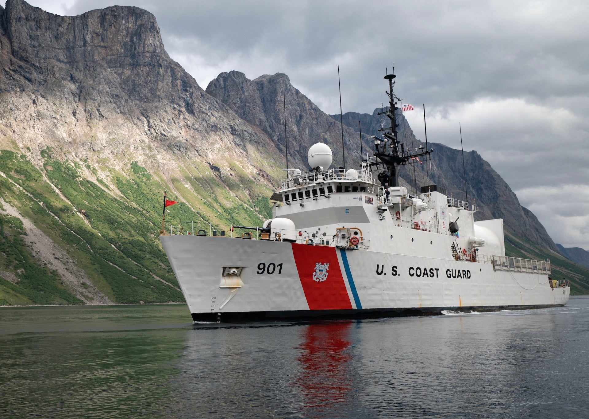 USCGC Bear (WMEC 901) transits out of Torngat National Park, Canada, during Operation Nanook, Aug. 9, 2022. The Bear is partaking in the Tuugaalik phase of Operation Nanook, an annual exercise that allows the United States and multiple other partner nations to ensure security and enhance interoperability in Arctic waters. (U.S. Coast Guard photo by Petty Officer 3rd Class Matthew Abban)