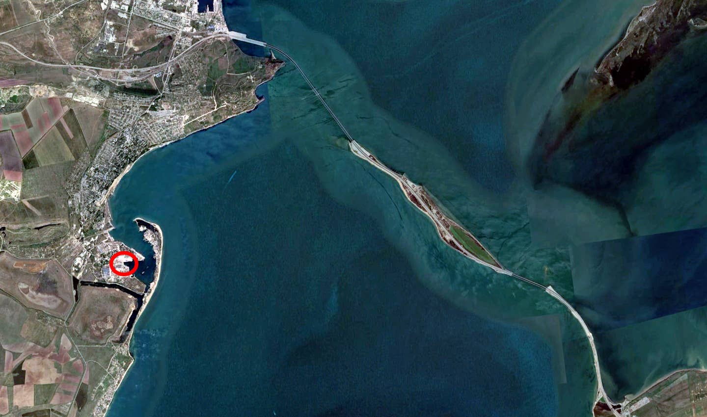 The Zaliv shipyard, where the Russian missile corvette Askold was struck Nov. 4 by Ukrainian cruise missiles, is about five miles west of the Kerch Bridge. (Google Earth image)