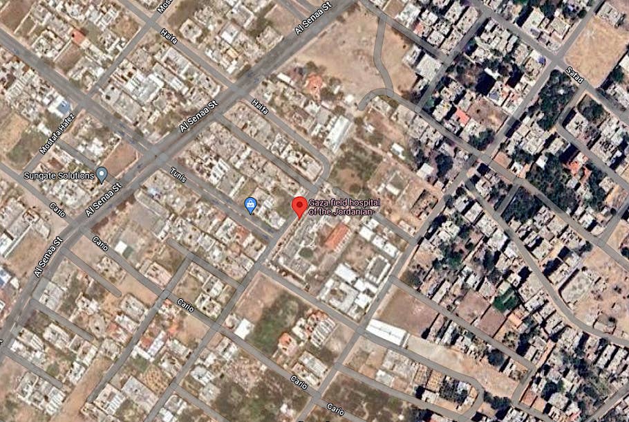 An annotated satellite image showing the location of the Jordanian field hospital in Gaza City, according to Google Maps' data. <em>Google Maps</em>