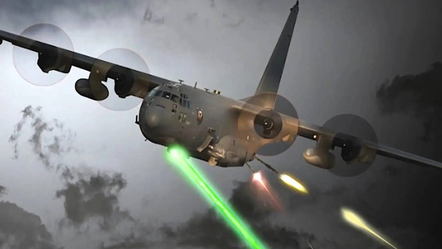 A rendering depicting an older AC-130U Spooky gunship, all of which have now been retired, firing a laser weapon in addition to its guns. <em>USAF</em>