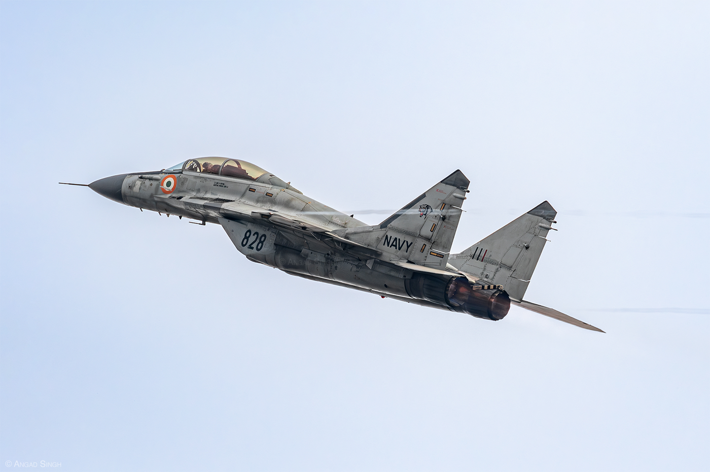 A “Black Panthers” MiG-29K performs a display at the retirement ceremony for the Il-38. <em>Angad Singh</em>