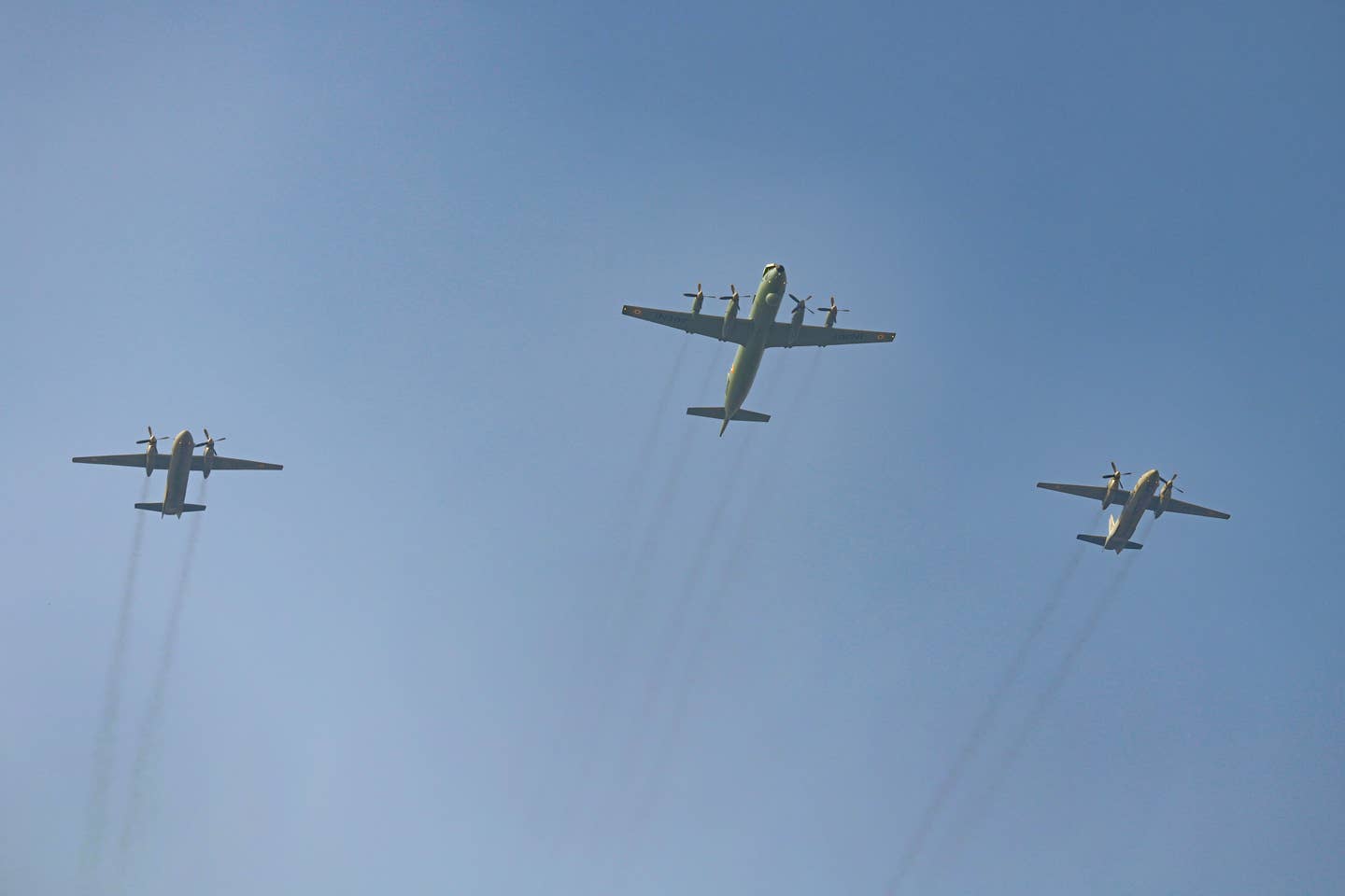 An Indian Navy Il-38SD flanked by Indian Air Force An-32 transports during the full dress rehearsal of the Republic Day Parade on January 23, 2023, in New Delhi. <em>Photo by Sanchit Khanna/Hindustan Times via Getty Images</em>