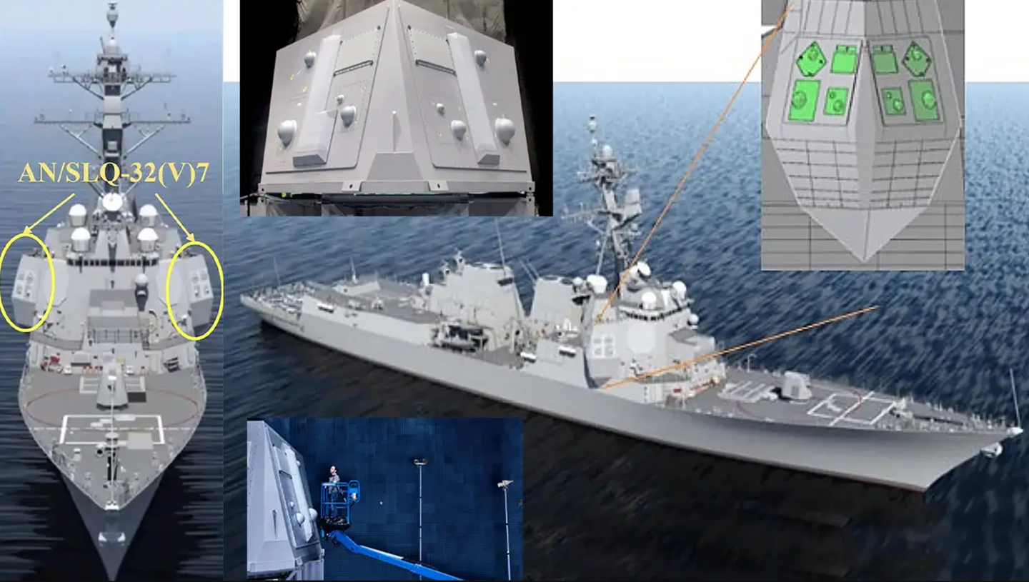 Later concept art better shows the large geometric extensions on both sides of the forward superstructure.&nbsp;<em>U.S. Navy</em>