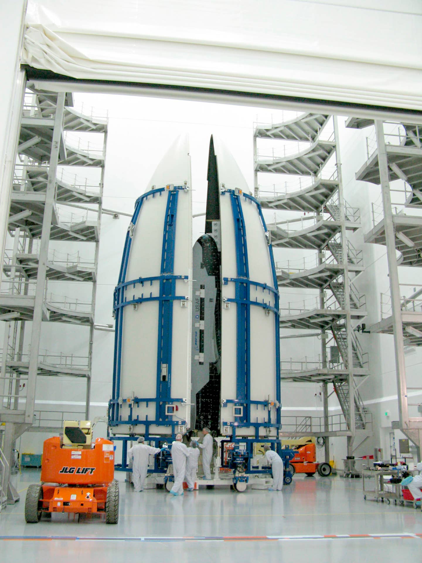 The X-37B during encapsulation within the United Launch Alliance Atlas V fairing, on February 8, 2011, at Astrotech in Titusville, Florida. <em>Photo by DoD/Corbis via Getty Images</em>