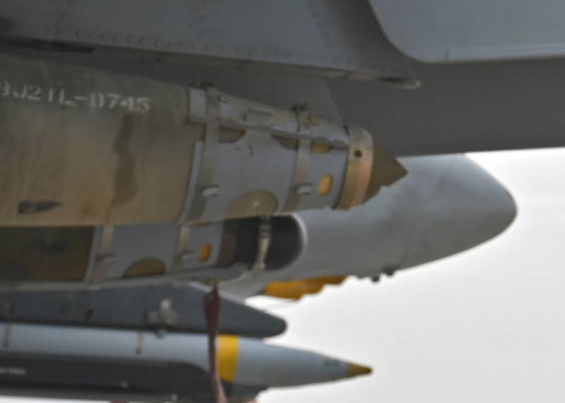 The noses of the JDAM, in front, and the LJDAM, behind, are visible here. <em>USAF</em>
