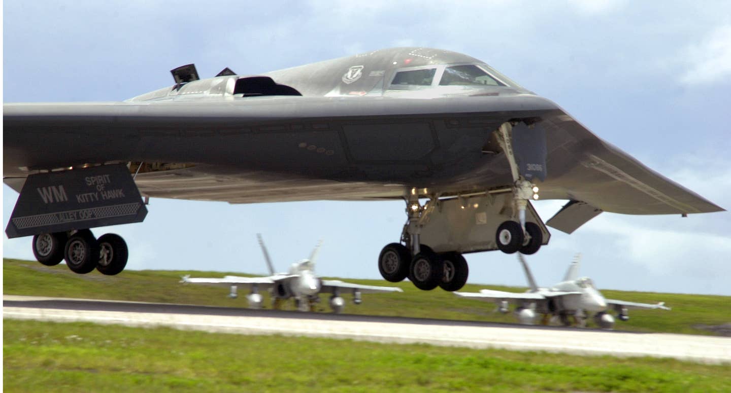Another shot of the B-2's scoop-like auxiliary air inlets in use. (U.S. Air Force photo by Senior Airman Josshua Strang)