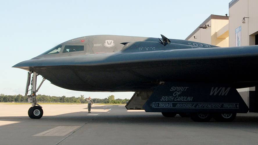 A B-2 taxiing out with its auxiliary air inlets popped open. (U.S. Air Force photo/Senior Airman Kenny Holston)