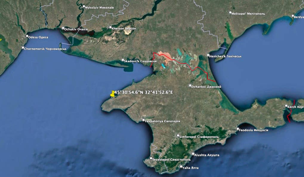 The vessels attacked were located at a small Black Sea Fleet base in Chornomorske, Crimea. (Google Earth image)