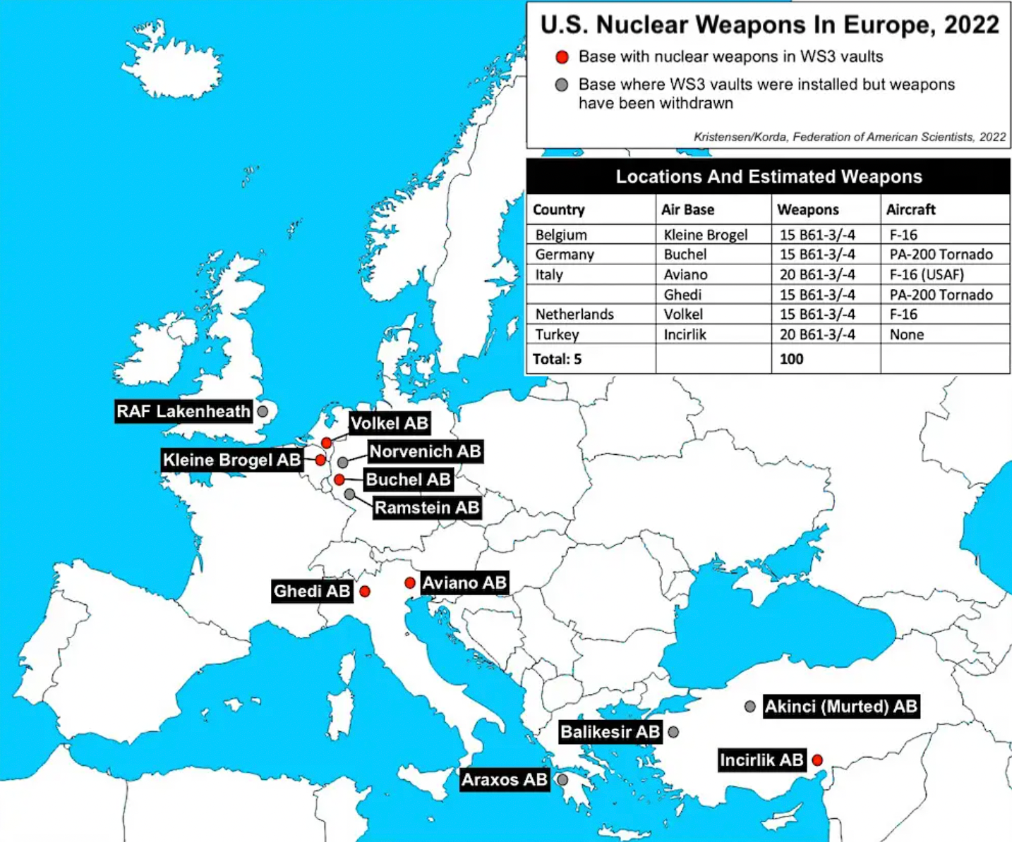A map of current and former locations where B61 bombs are located in Europe under the NATO nuclear weapon sharing arrangements and a table breaking down estimated total bombs at each current site as of 2022.&nbsp;<em>FAS</em>