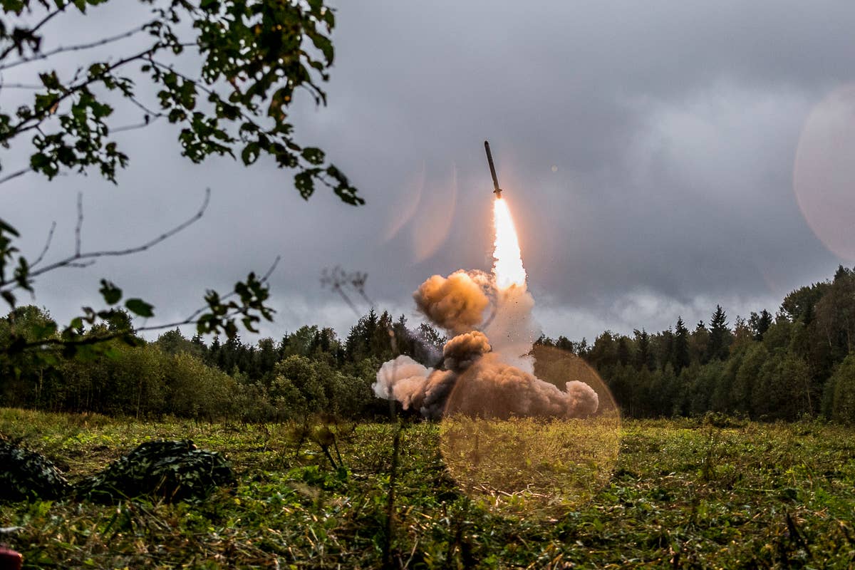 A cruise missile is fired from an Iskander system during the Zapad-2017 exercise in the Leningrad Region. <em>Russian Ministry of Defense</em>