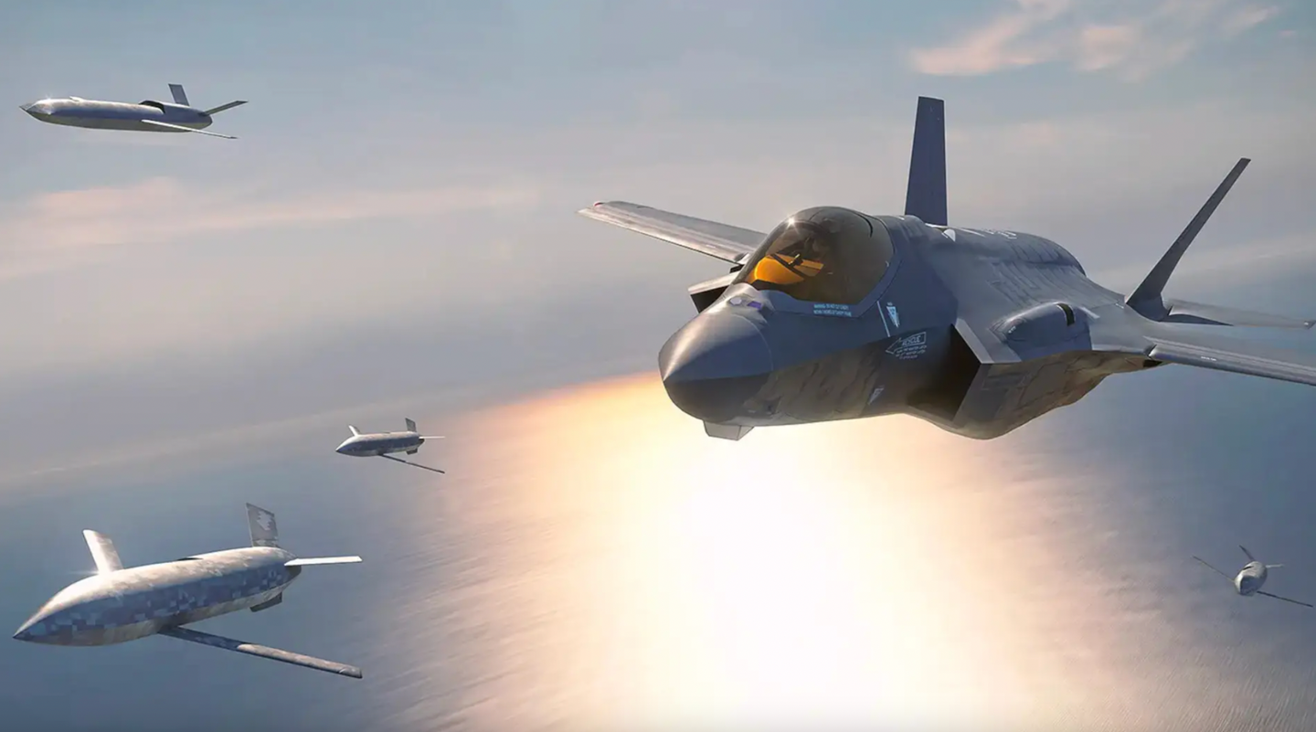 Artwork depicting an F-35 Joint Strike Fighter flying together with multiple types of drones. <em>Lockheed Martin Skunk Works</em>
