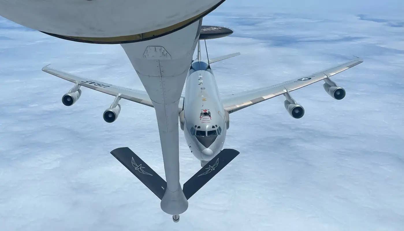 A U.S. Air Force E-3 Sentry Airborne Warning and Control System (AWACS) aircraft as seen from the Metrea KC-135R tanker refueling it during Exercise Resolute Hunter 23-2.&nbsp;<em>Metrea</em>
