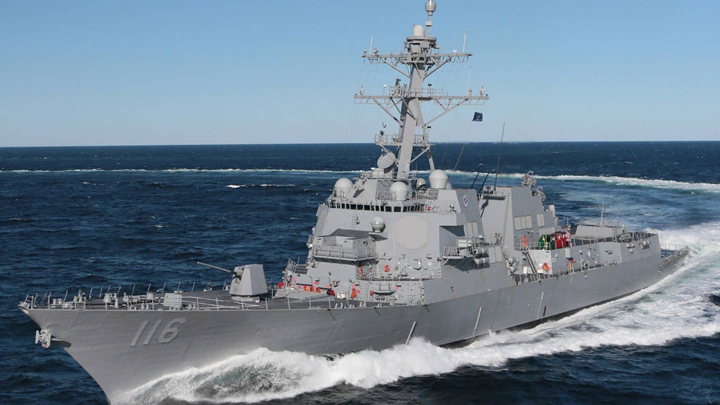 The USS <em>Hudner</em>, which came under attack by a Houthi drone and shot it down, is one of several U.S. warships operating recently in the Red Sea. (U.S. Navy photo)