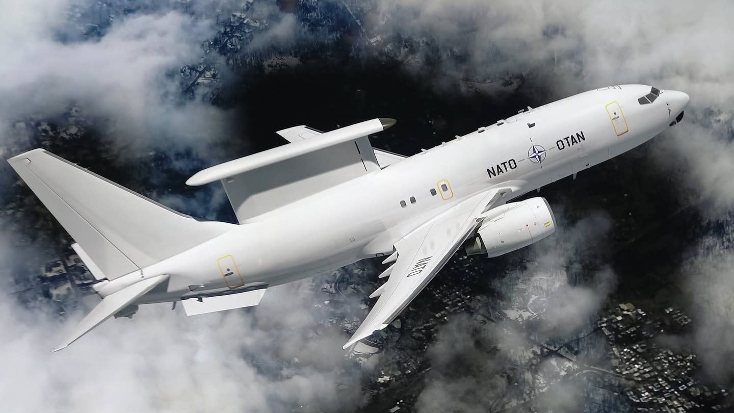 Concept artwork of the NATO E-7A Wedgetail AEW&C aircraft in flight.