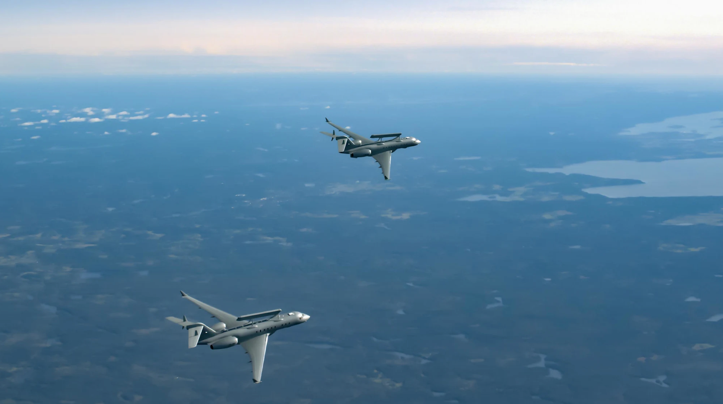 A pair of Saab GlobalEye aircraft over Sweden. <em>Saab</em>