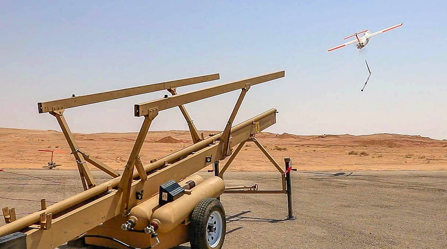 A target drone is launched during Exercise Red Sands 23.2 in Saudi Arabia in September 2023. <em>US Army</em>