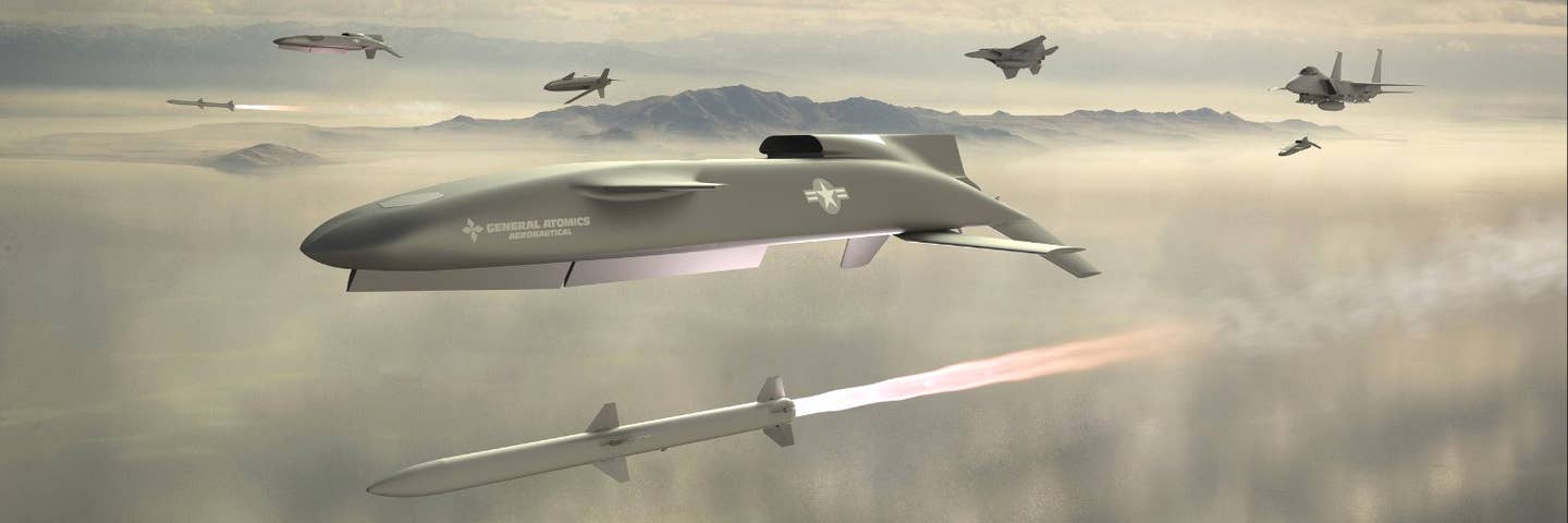 A rendering of General Atomics LongShot drones being launched by F-15-series fighters and firing missiles. <em>GA-ASI</em>