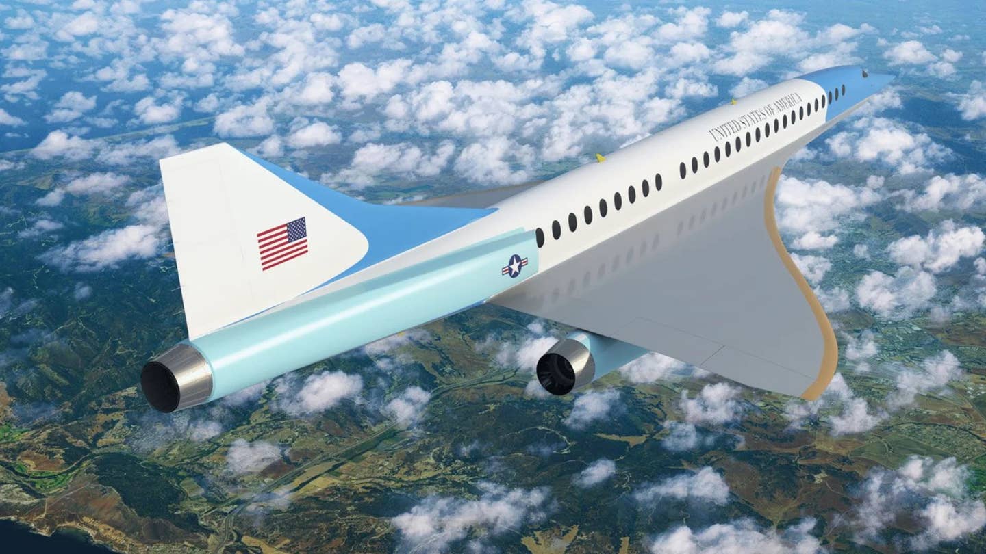 A rendering from aviation startup Boom Technology depicting a future supersonic airliner configured as a US Air Force VIP transport. <em>Boom Technology</em>