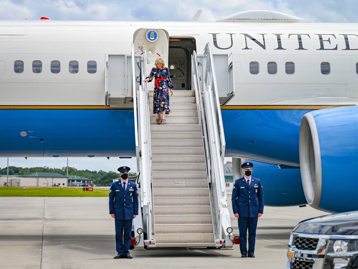 First Lady Jill Biden deplanes from a C-32A after arriving in Savannah, Georgia in 2021. <em>USAF</em>