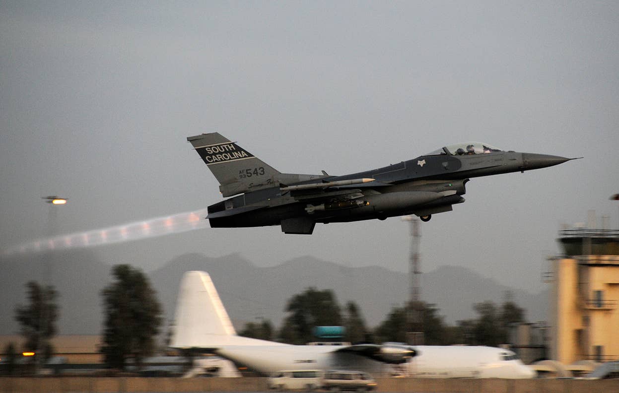 An F-16 from the South Carolina Air National Guard takes off in Afghanistan. (U.S. Air Force)