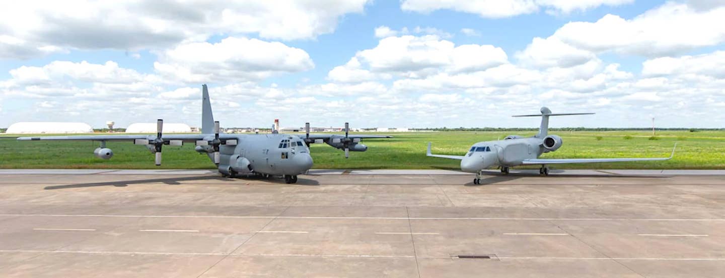 An EC-130H Compass call aircraft, at left, alongside the initial EA-37B/EC-37B. <em>L3Harris</em>